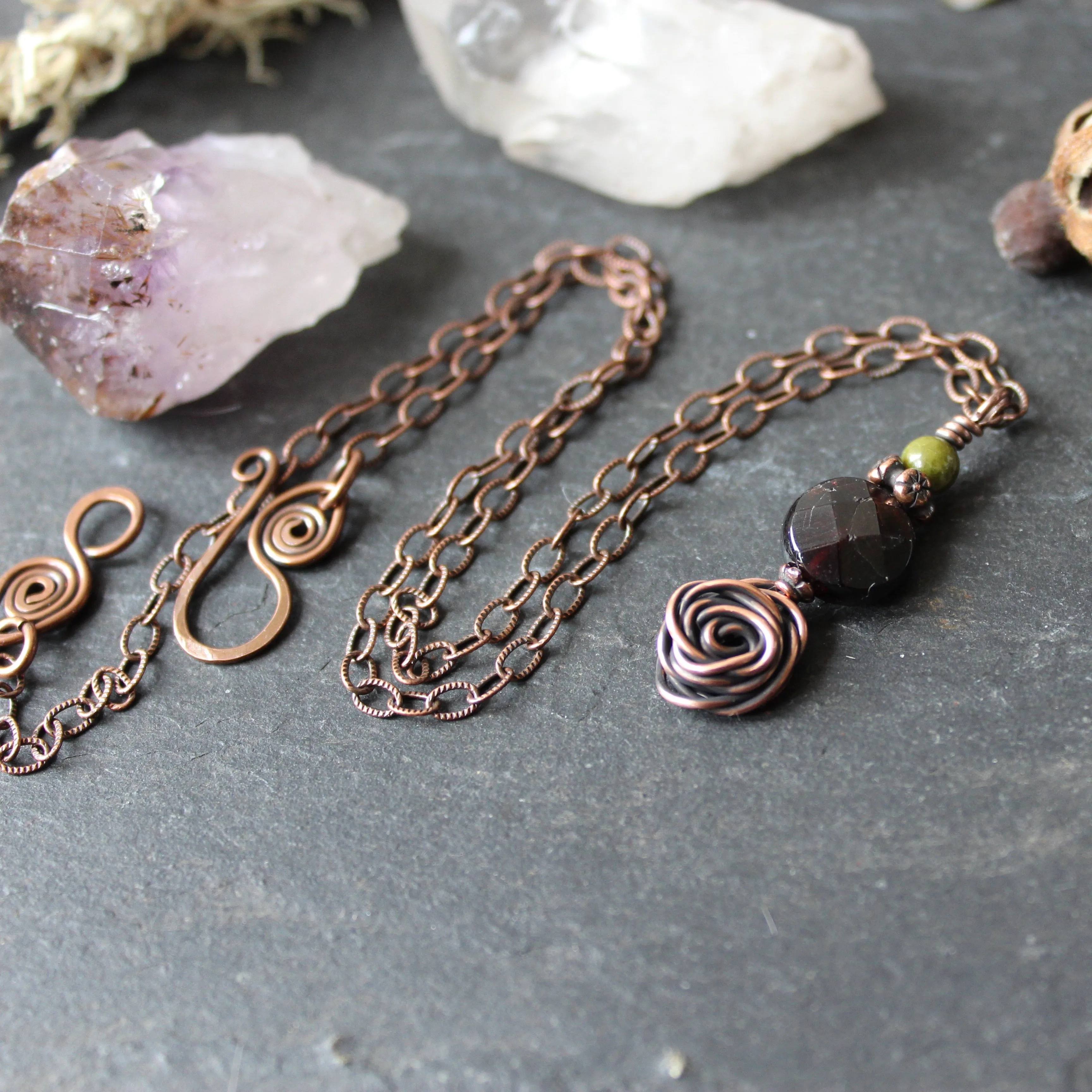 Glasgow Rose Cantrip Pendant Necklace with Garnet in Copper