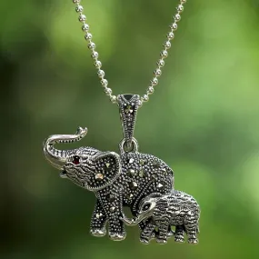 Glistening Elephants Marcasite & Silver Pendant Necklace