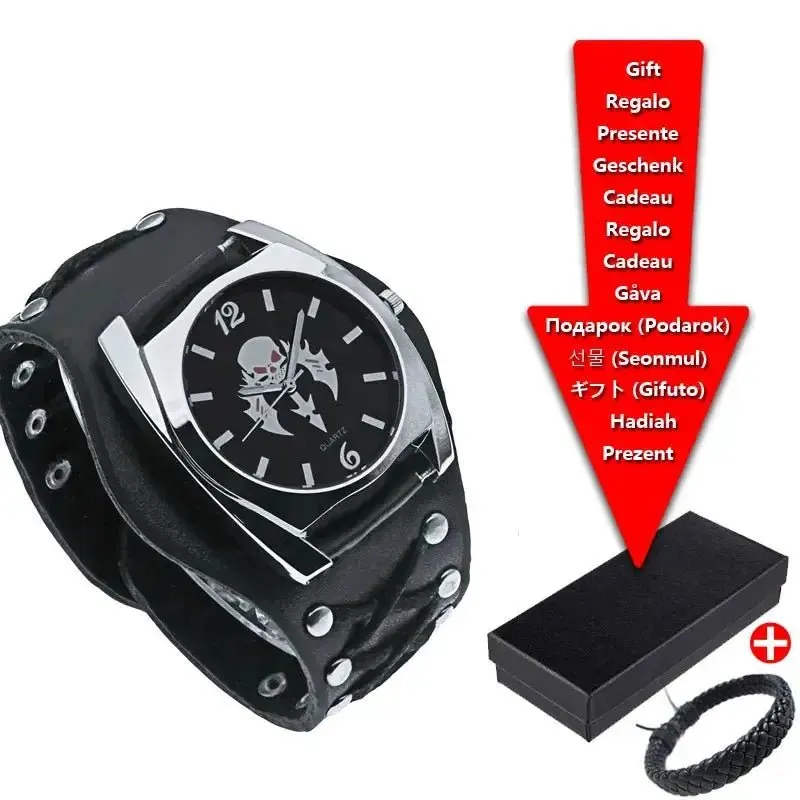 GOGARAMA New Numerals Button Leather Strap 3D Skull Quartz Punk Wrist Watch for Men&Women Birthday Christmas Halloween Good Gift