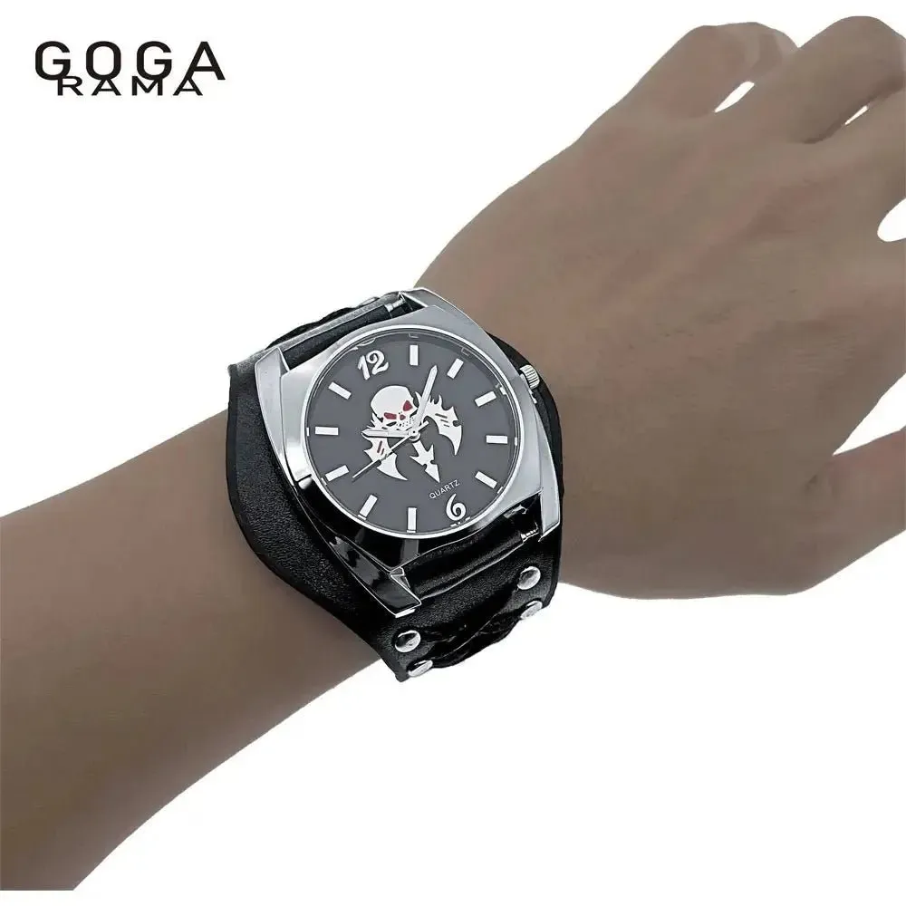 GOGARAMA New Numerals Button Leather Strap 3D Skull Quartz Punk Wrist Watch for Men&Women Birthday Christmas Halloween Good Gift