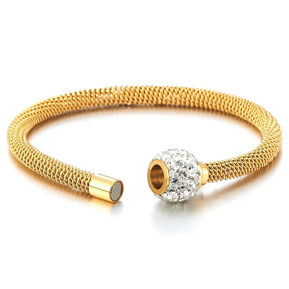 Gold Color Stainless Steel Cable Bangle Bracelet with Cubic Zirconia Charm and Magnetic Clasp