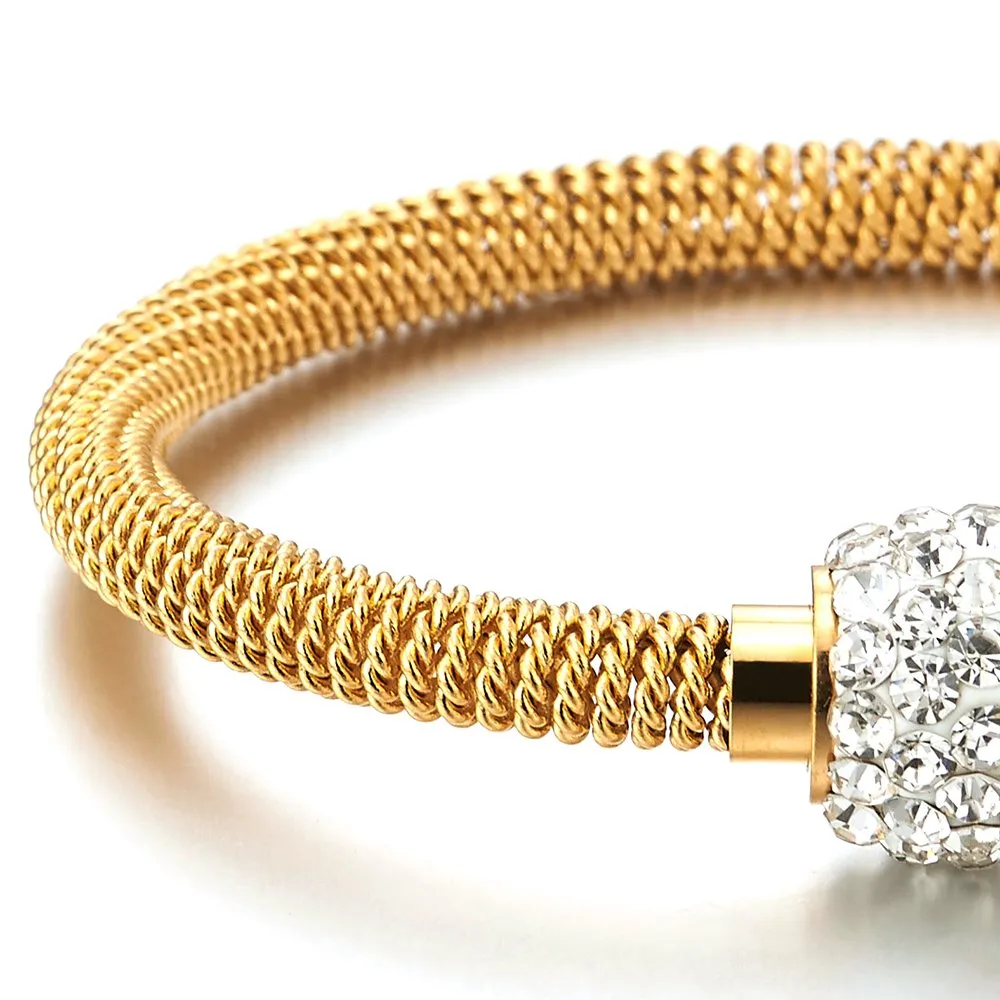 Gold Color Stainless Steel Cable Bangle Bracelet with Cubic Zirconia Charm and Magnetic Clasp