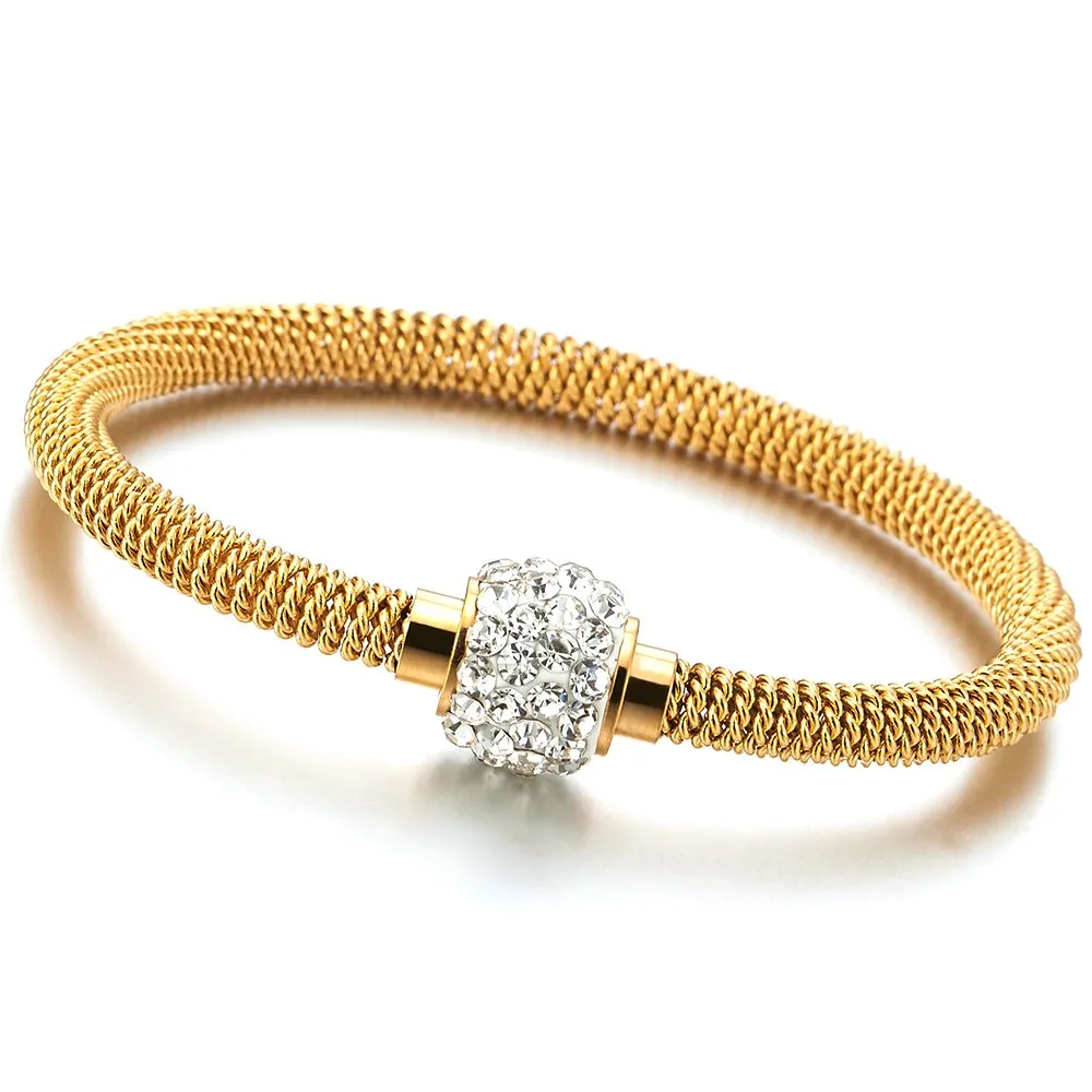 Gold Color Stainless Steel Cable Bangle Bracelet with Cubic Zirconia Charm and Magnetic Clasp