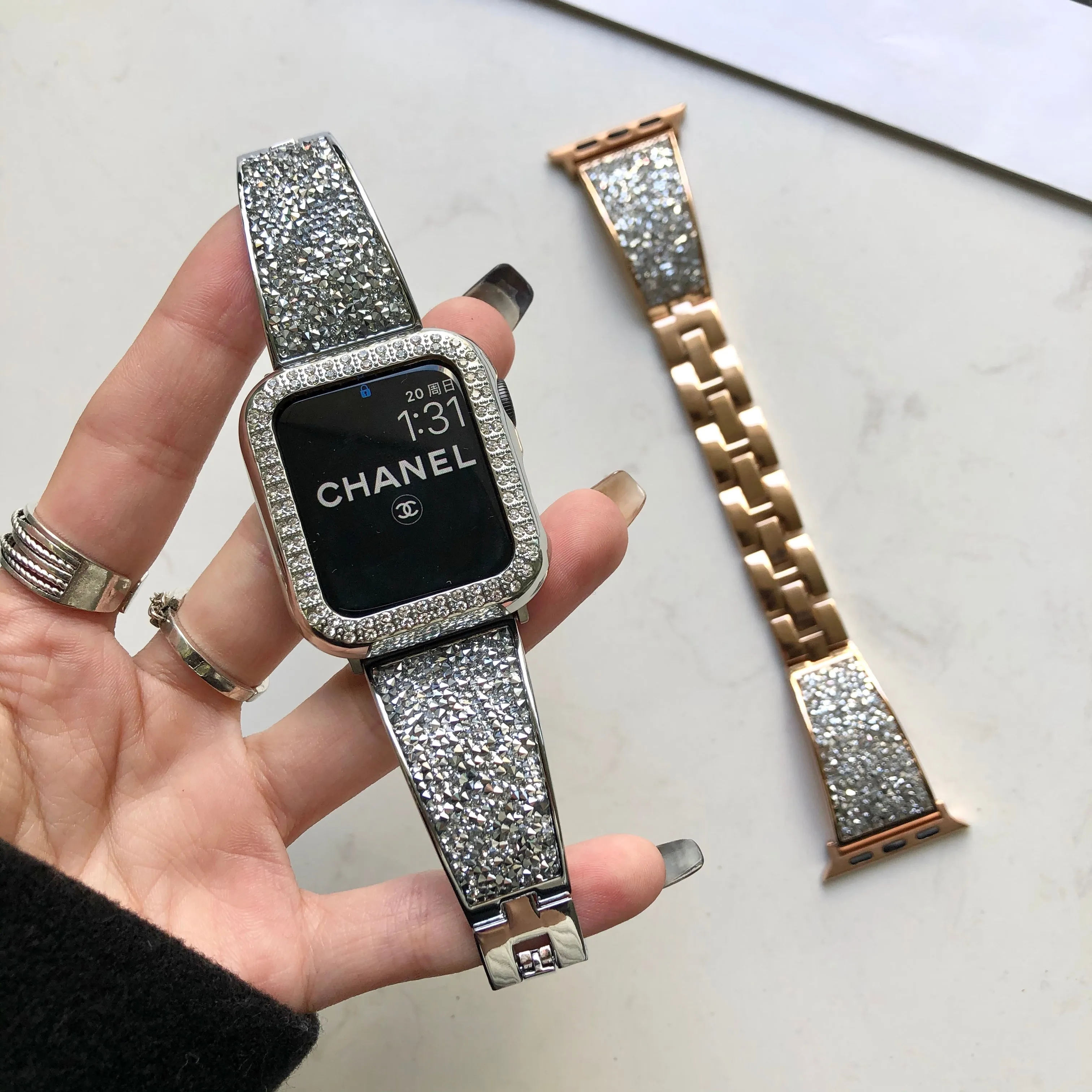 Gold Diamond Apple Watch Band, Women Iwatch Black Band, Stainless Steel Watch Band 38mm 40mm 42mm 44mm, Apple Watch Series 6 5 4 3 2 1 SE