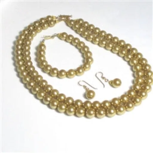 Gold Pearl Necklace, Earrings and Bracelet Handmade Jewelry Set