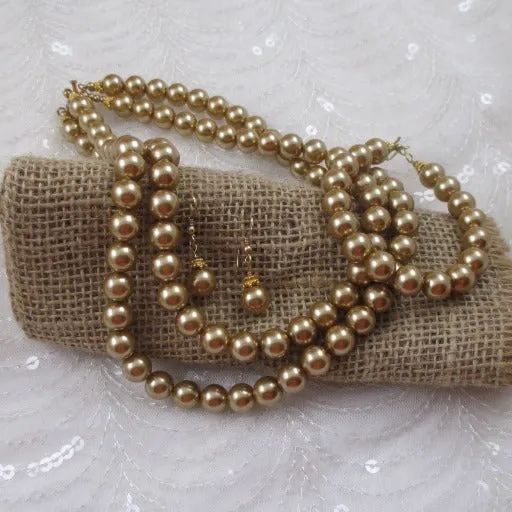 Gold Pearl Necklace, Earrings and Bracelet Handmade Jewelry Set