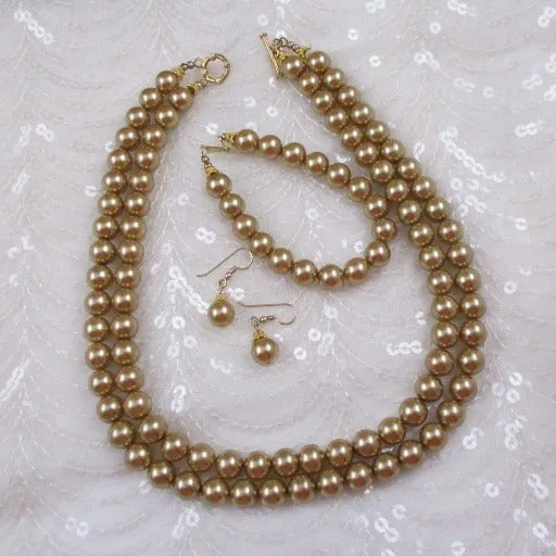 Gold Pearl Necklace, Earrings and Bracelet Handmade Jewelry Set