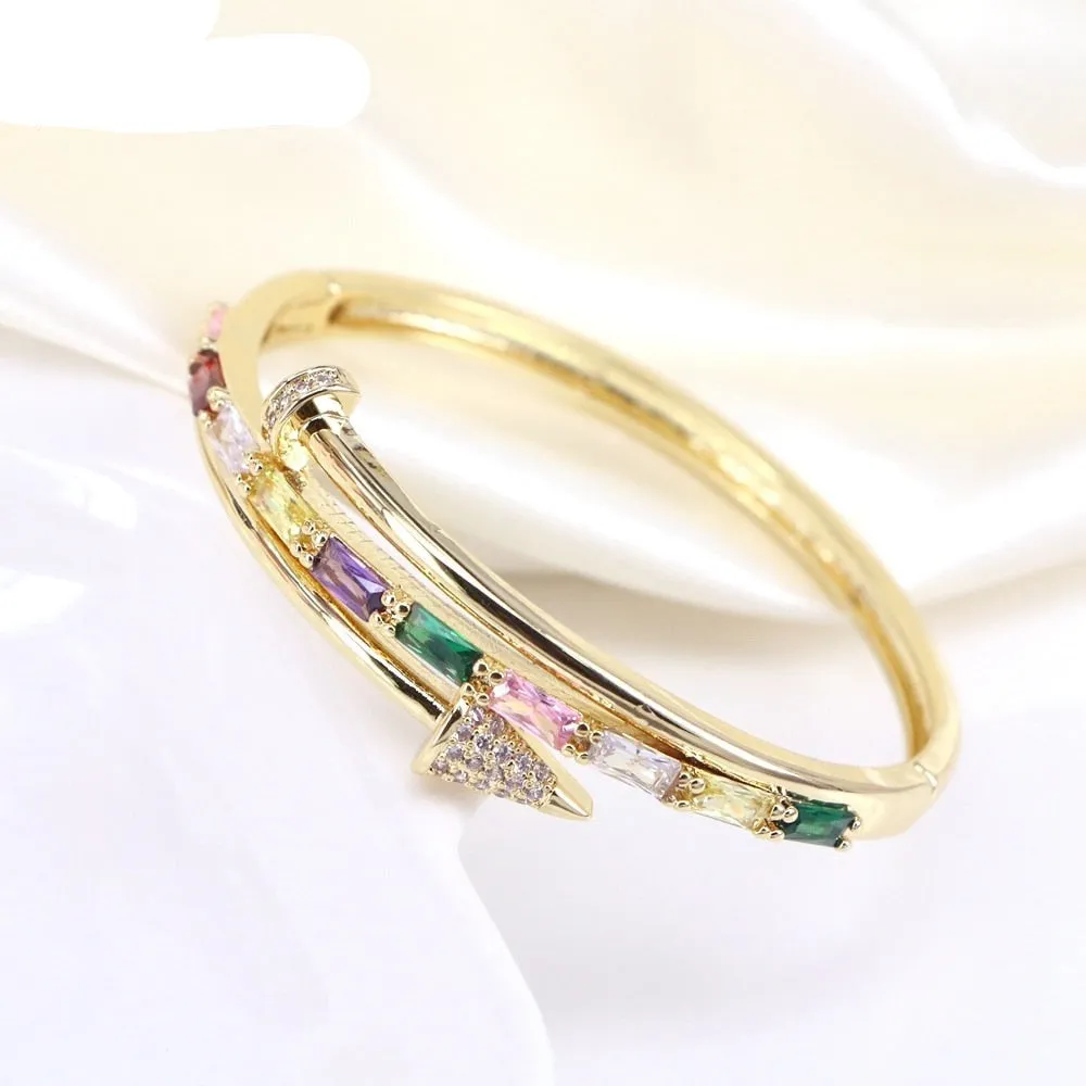 Gold Stainless-Steel Multi-Color Baguette Nail Hinged Bangle Bracelet