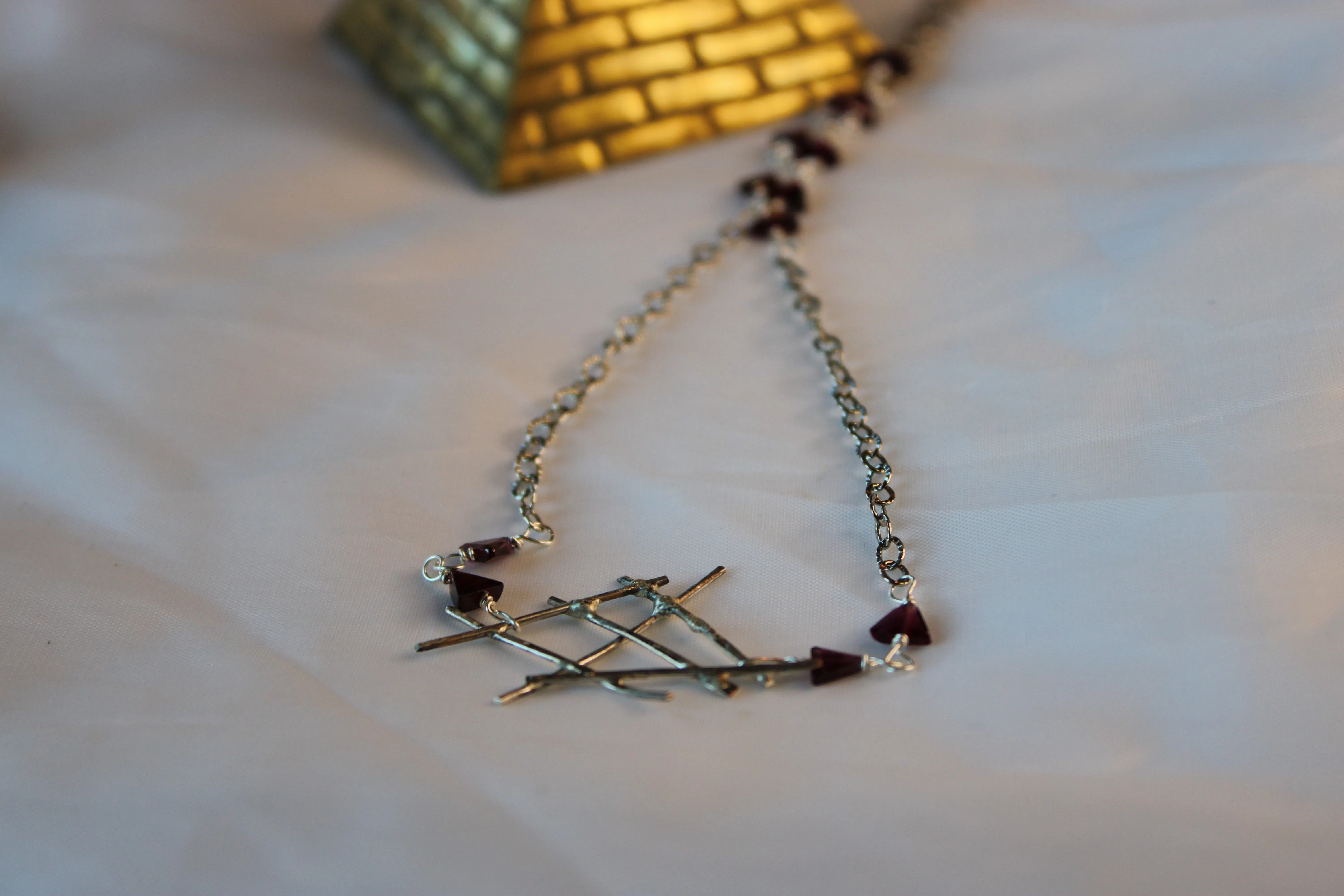 Gothic Geometric Sterling Silver Necklace with Garnet Triangle Stone Beads