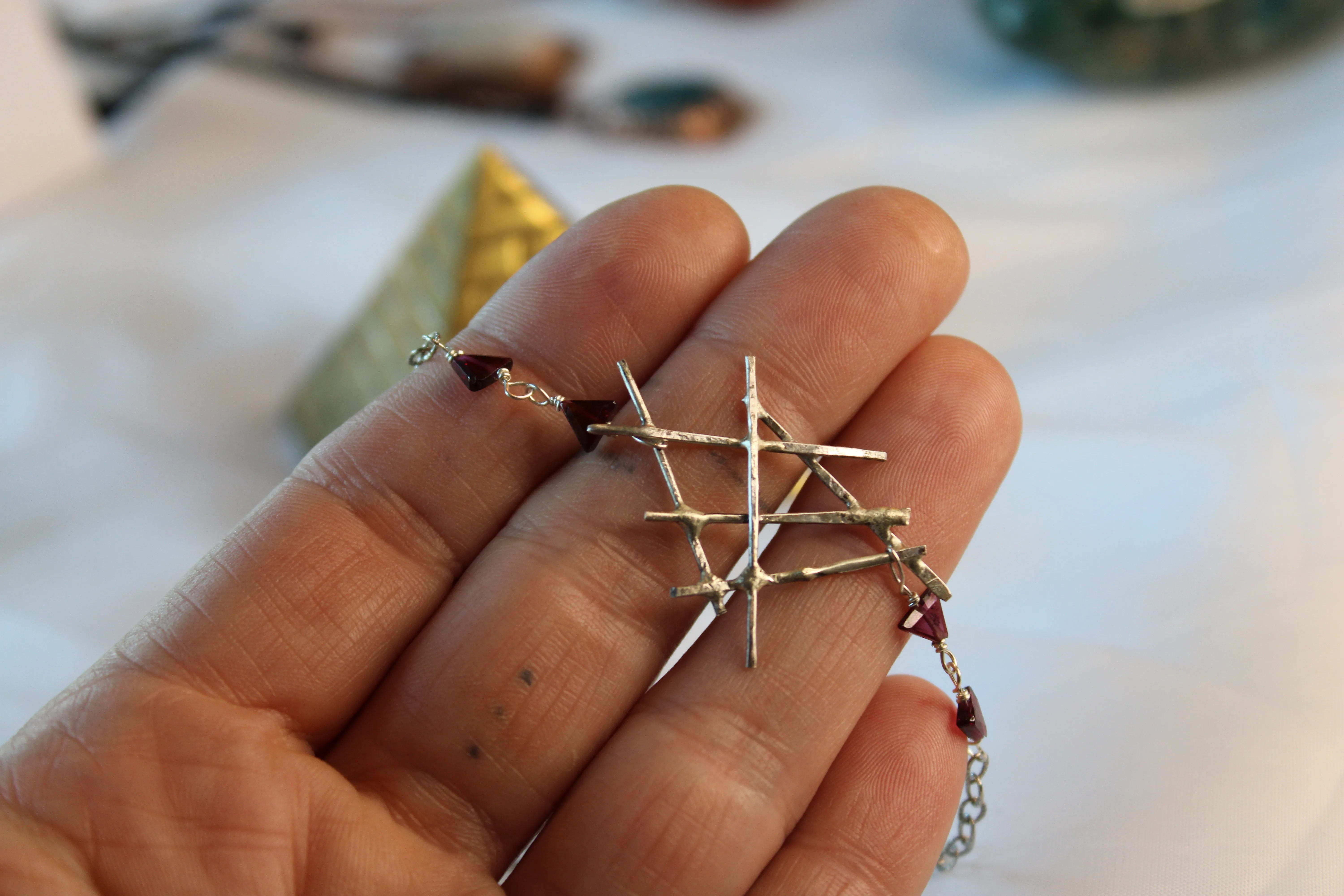 Gothic Geometric Sterling Silver Necklace with Garnet Triangle Stone Beads