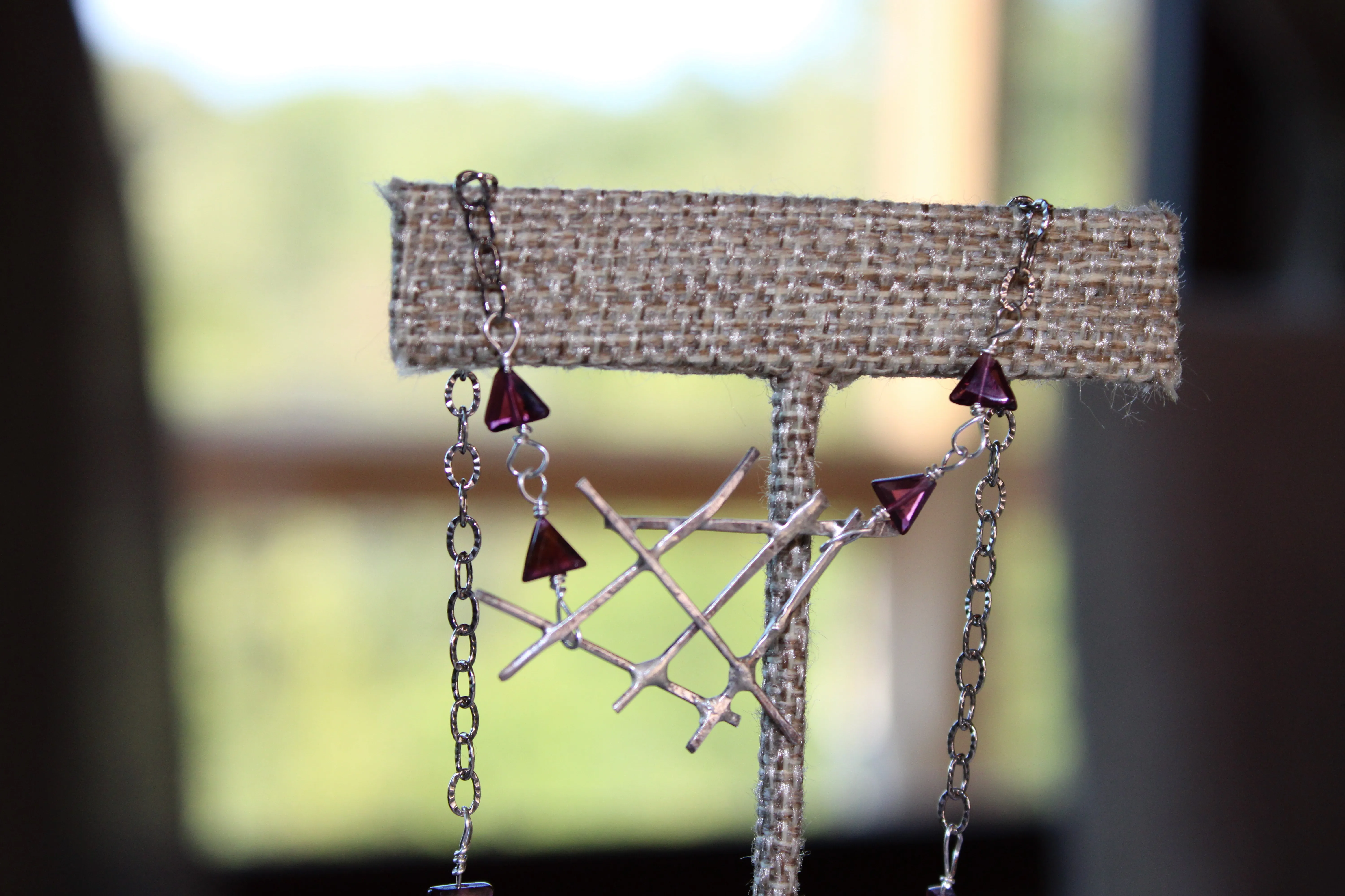 Gothic Geometric Sterling Silver Necklace with Garnet Triangle Stone Beads