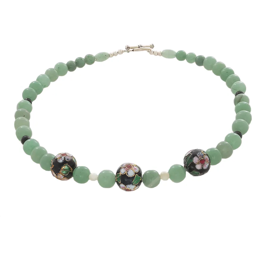 Green Aventurine, Moonstone, Black Onyx and Cloisonne Black Flowered Beaded Necklace