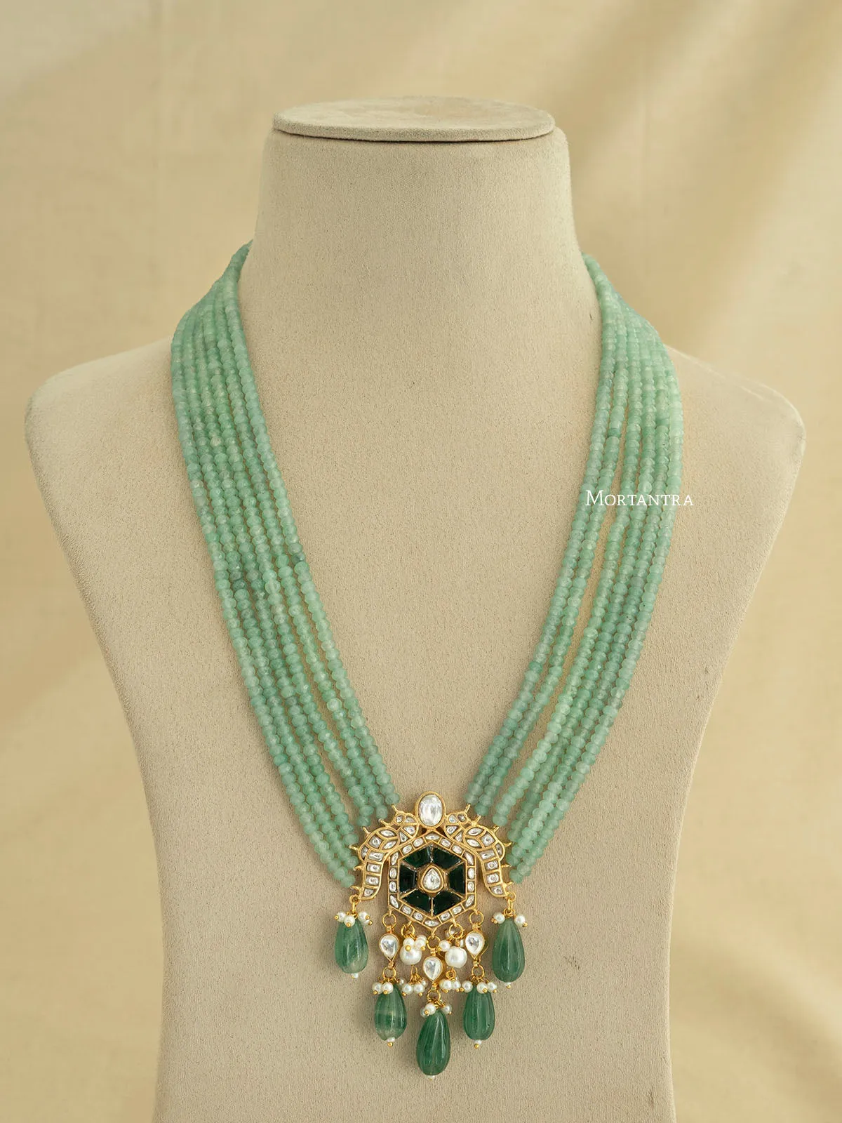 Green Color Gold Plated Thappa Jadau Kundan Necklace/Mala - TJ-N18WGR