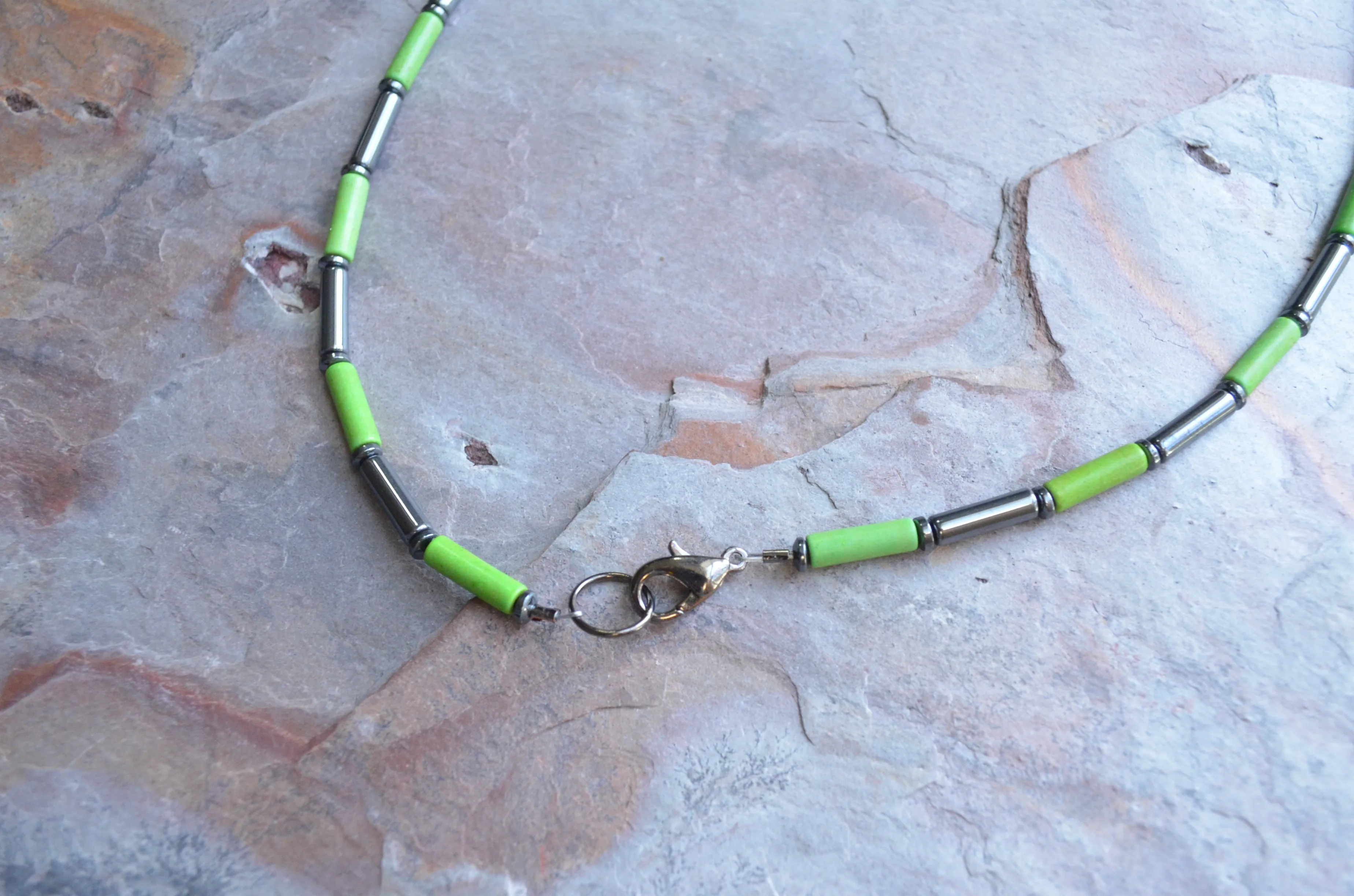 Green Gray Hematite Magnesite Beaded Thin Mens Necklace