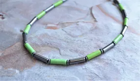 Green Gray Hematite Magnesite Beaded Thin Mens Necklace