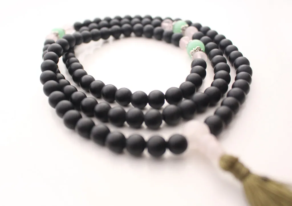 Green Onyx Spacer 108 Black Beads Prayer Mala