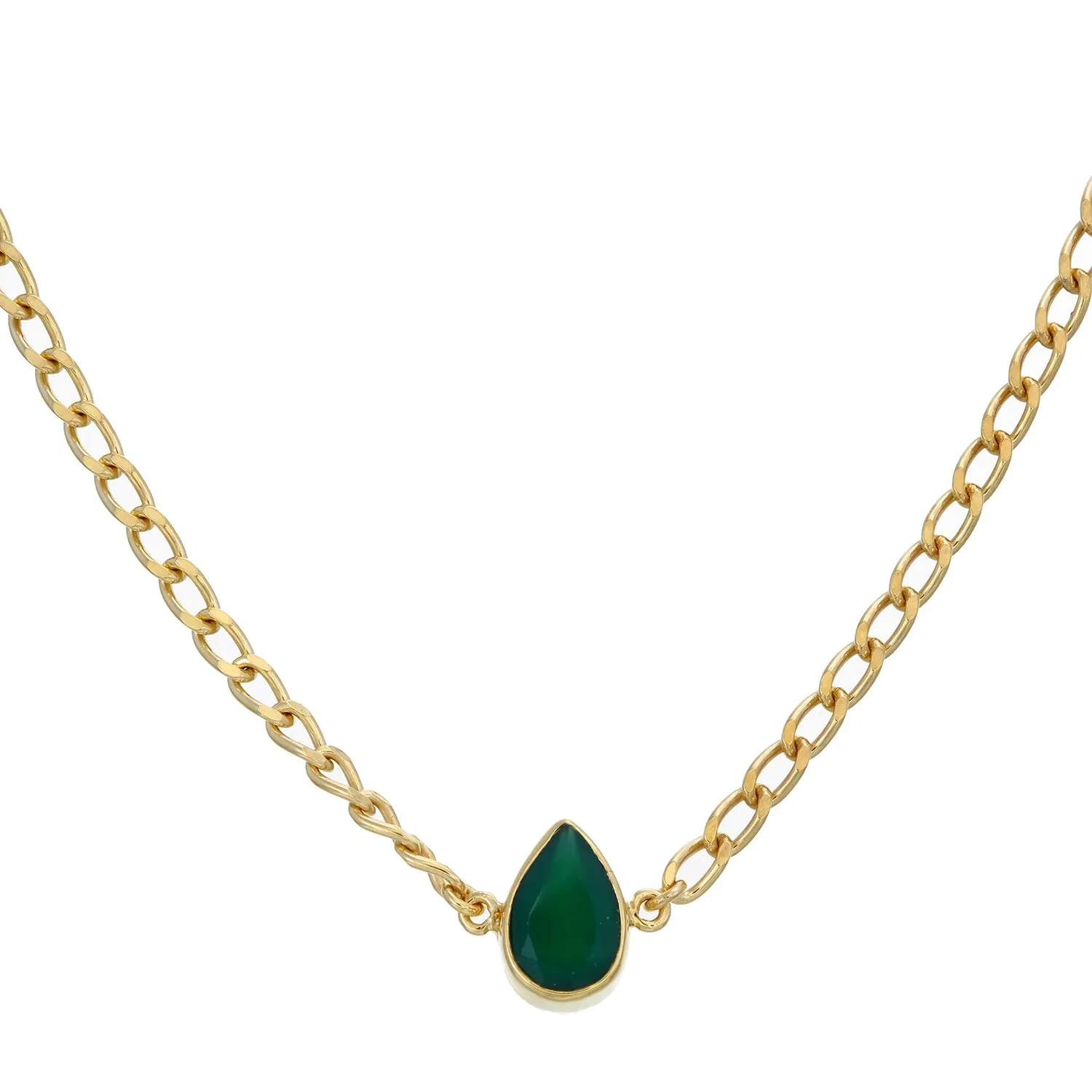 GREEN ONYX TEARDROP SHORT NECKLACE - GOLD