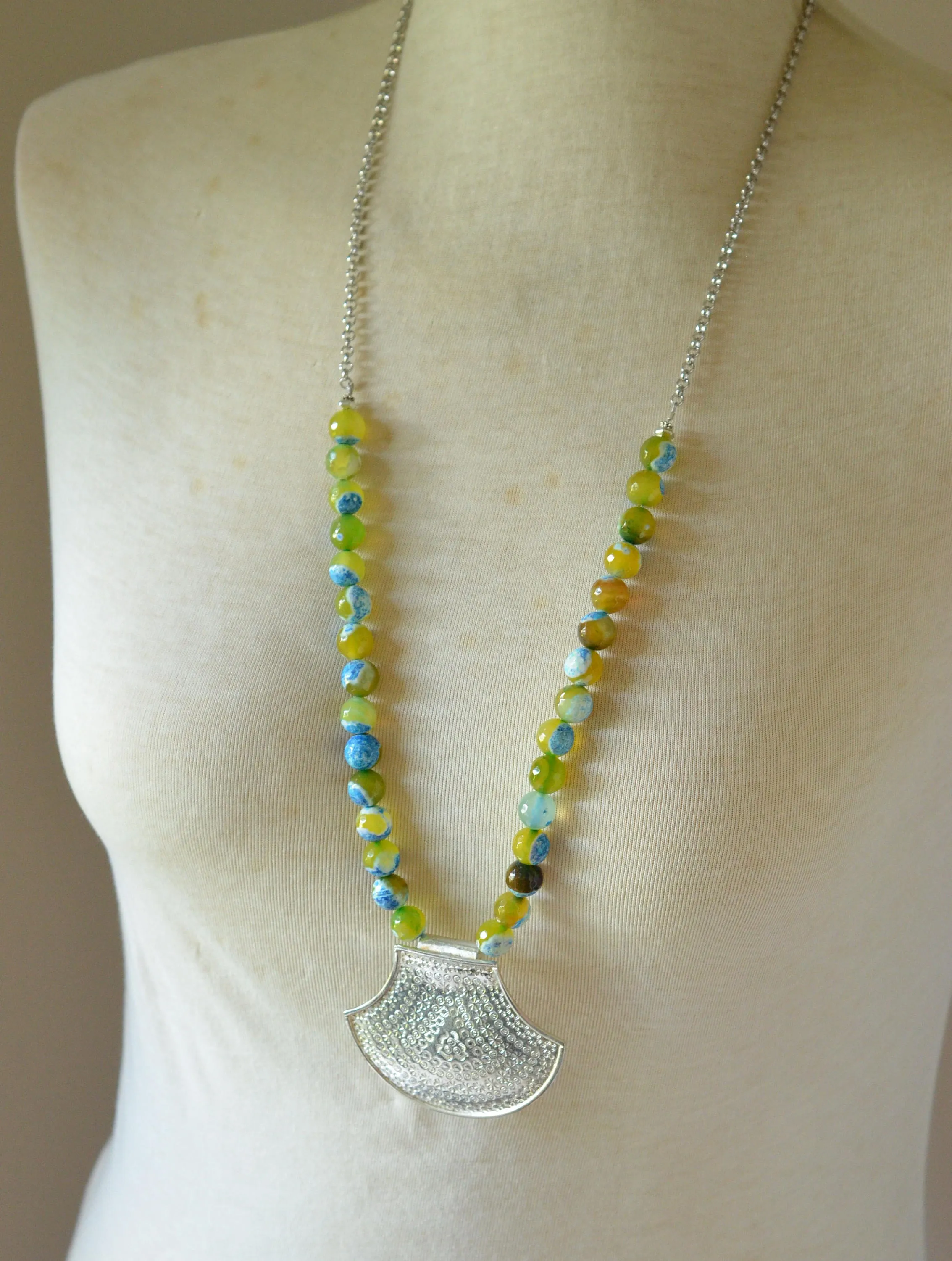 Green Yellow Agate Long Beaded Silver Pendant Statement Necklace - Sebnem