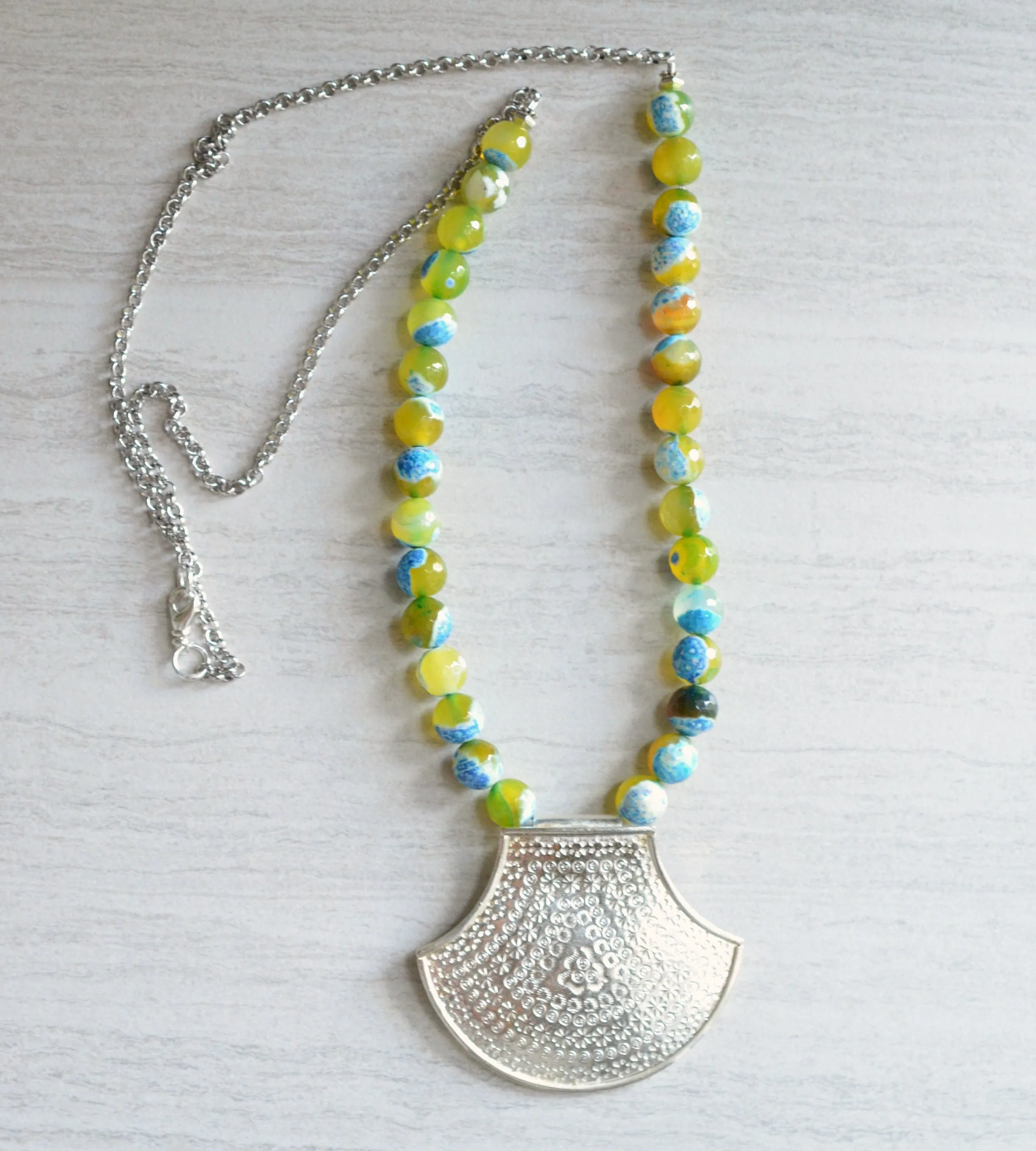 Green Yellow Agate Long Beaded Silver Pendant Statement Necklace - Sebnem