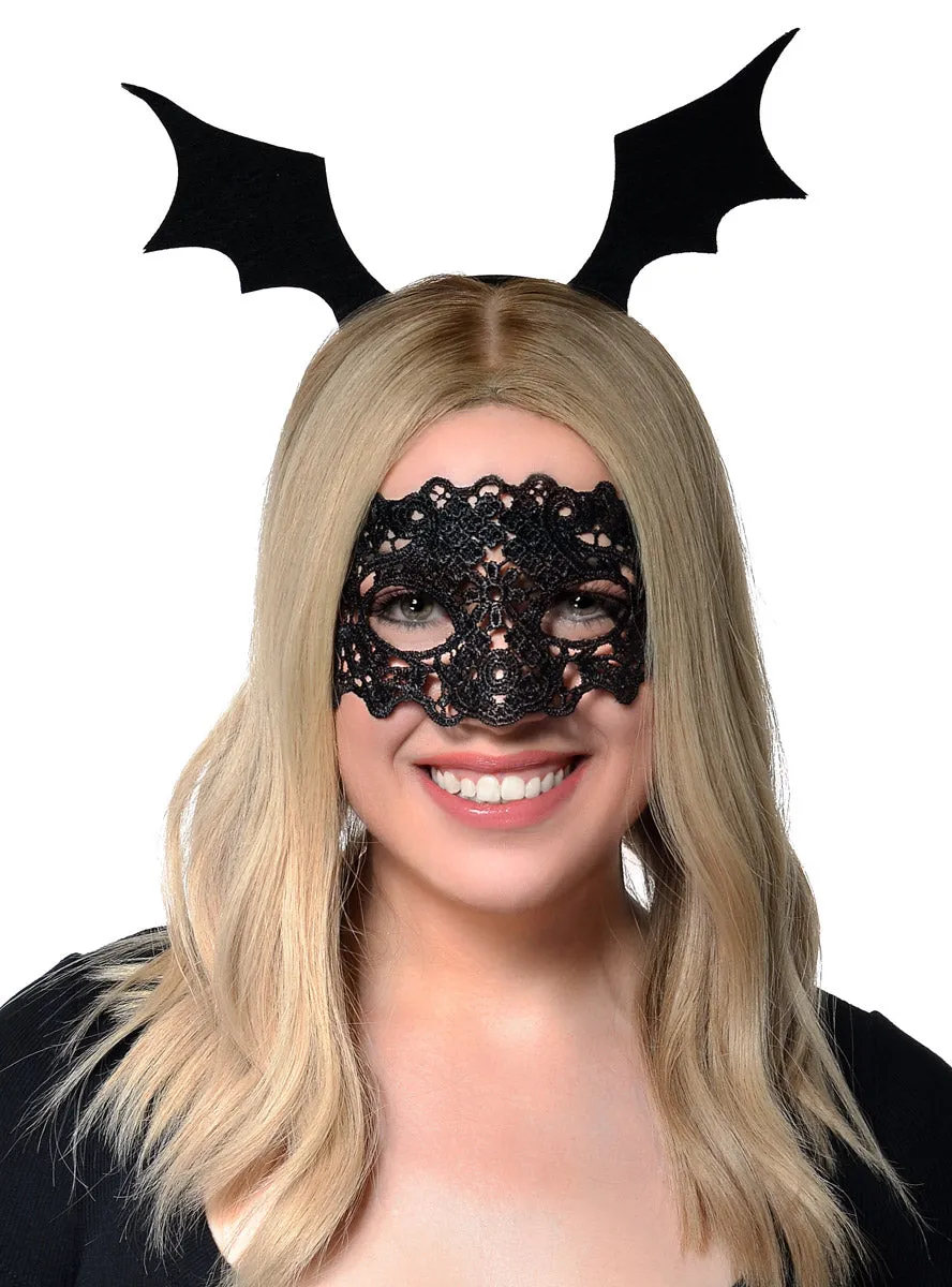 Halloween Black Lace Masquerade Mask and Bat Wing Headband Accessory Set