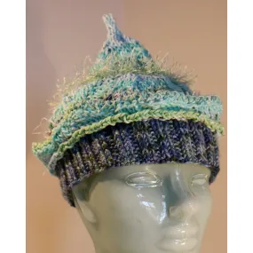 Hand knit pixie hat and scarf in Caribbean ocean blues and cottons.