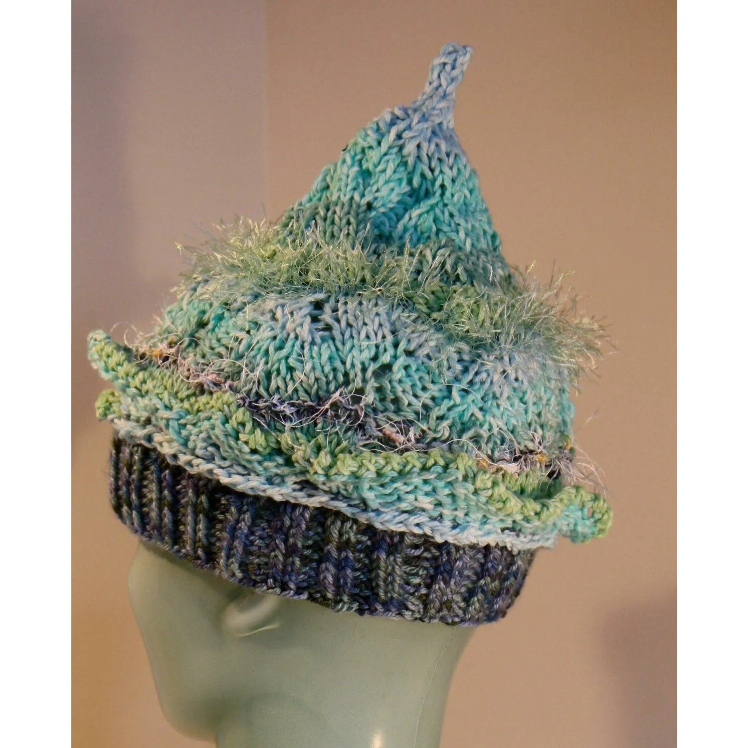 Hand knit pixie hat and scarf in Caribbean ocean blues and cottons.