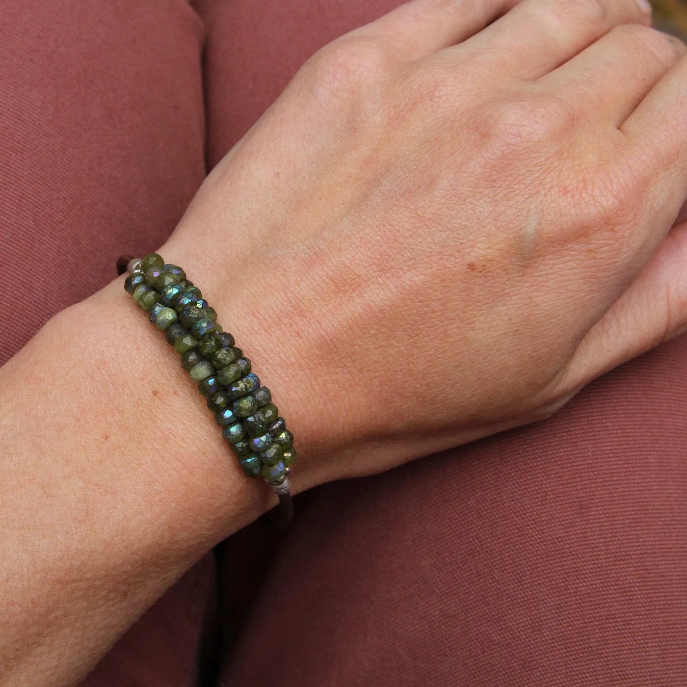 Hand Stitched Faceted Coated Green Garnet Bracelet