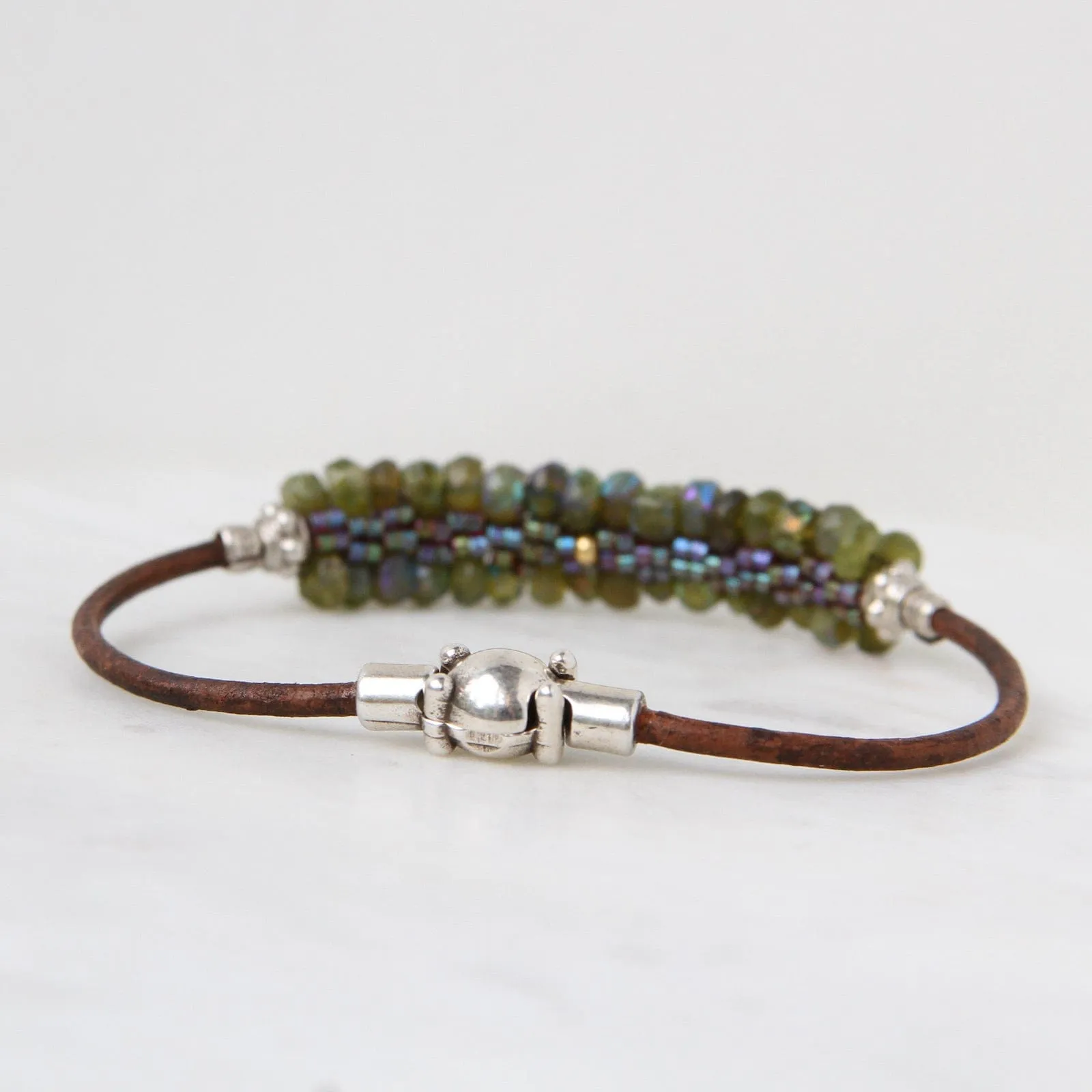 Hand Stitched Faceted Coated Green Garnet Bracelet