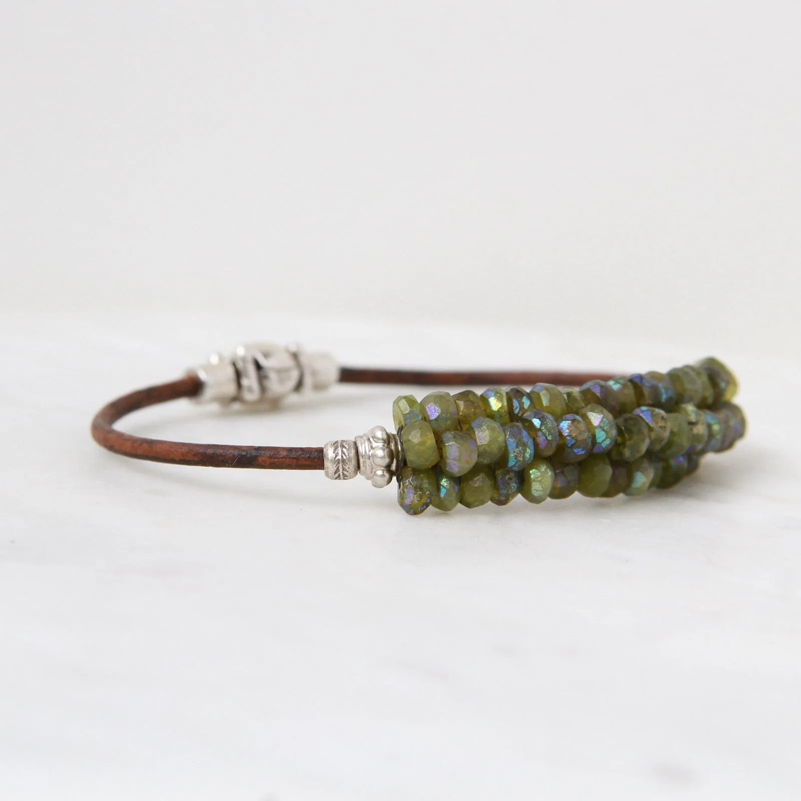 Hand Stitched Faceted Coated Green Garnet Bracelet