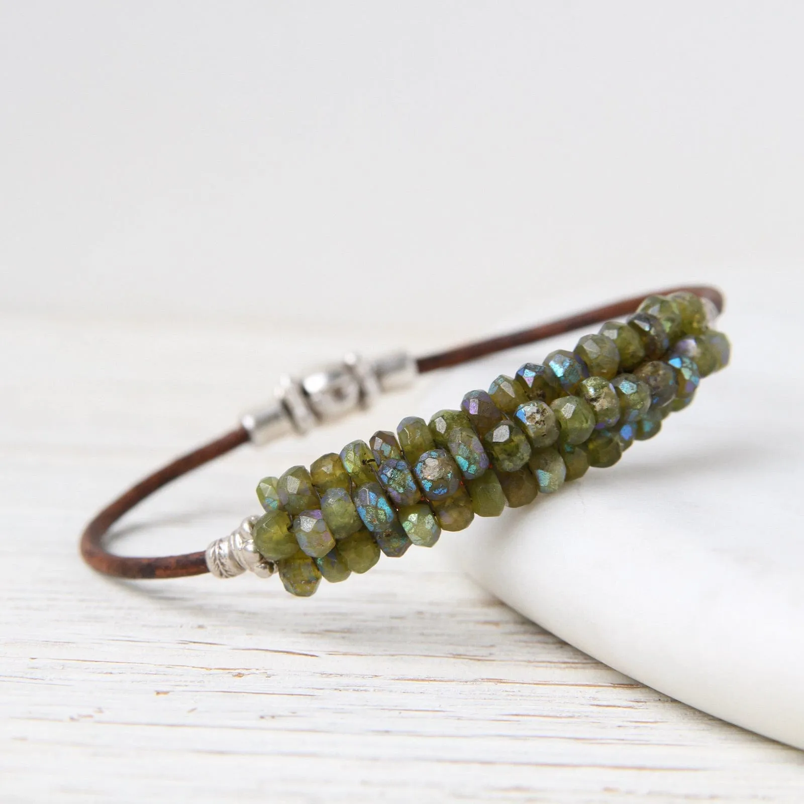 Hand Stitched Faceted Coated Green Garnet Bracelet