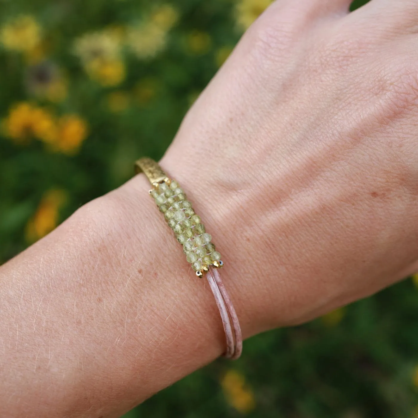 Hand Stitched Faceted Shaded Green Garnet Bracelet