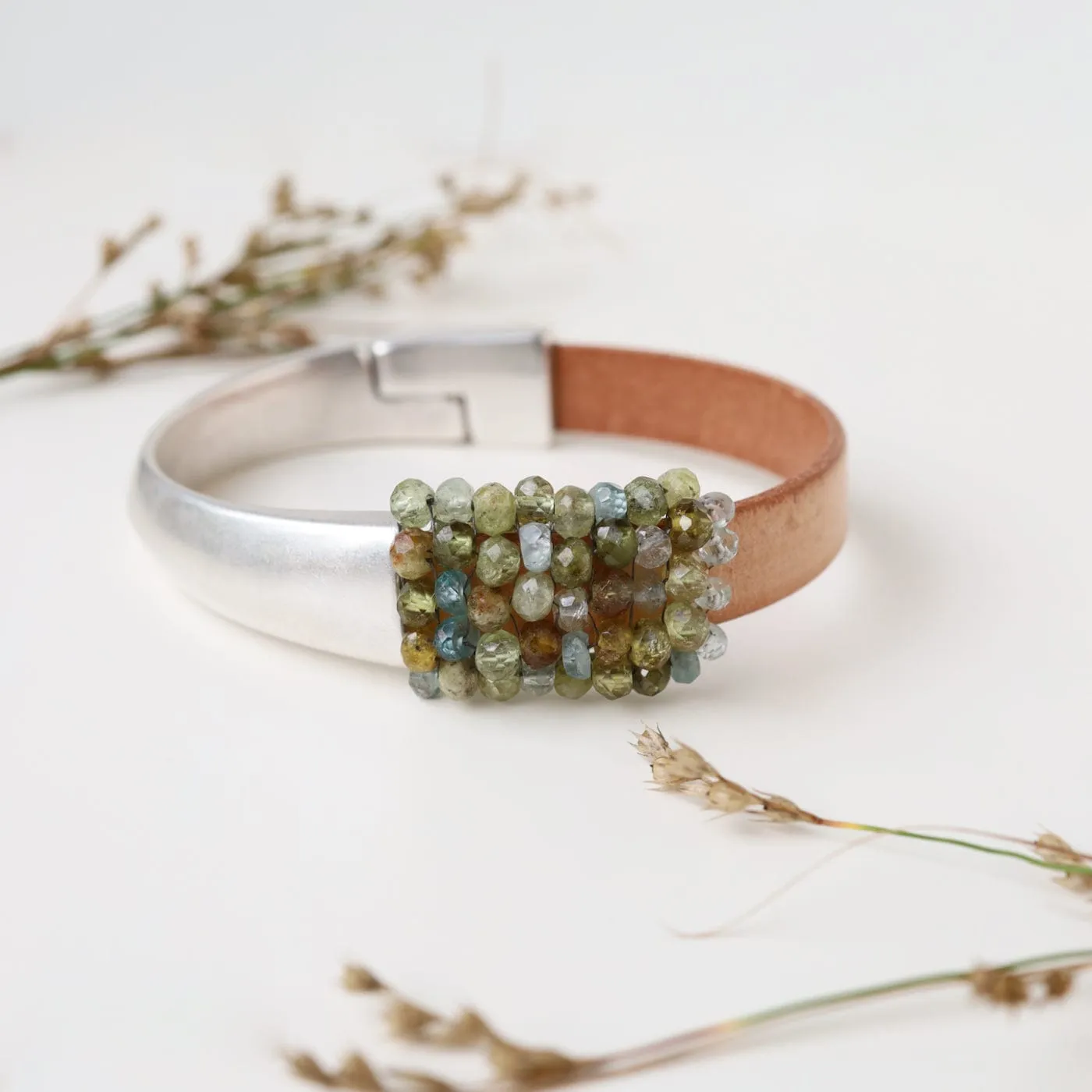 Hand Stitched Green Garnets & Natural Zircon Mix Bracelet