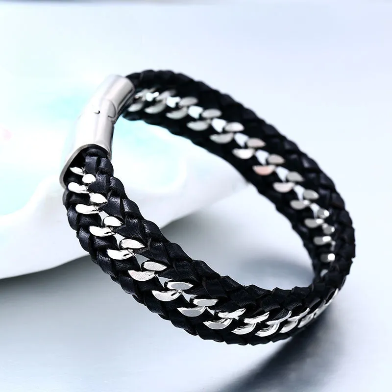 Handcrafted Leather and Titanium Men's Chain Bracelet – Locomotive Inspired Adventure Jewelry