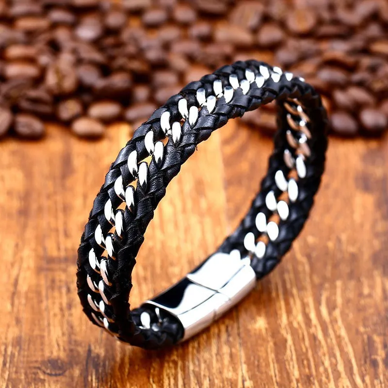 Handcrafted Leather and Titanium Men's Chain Bracelet – Locomotive Inspired Adventure Jewelry