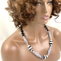 Handmade Black and White Kazuri Bead Necklace