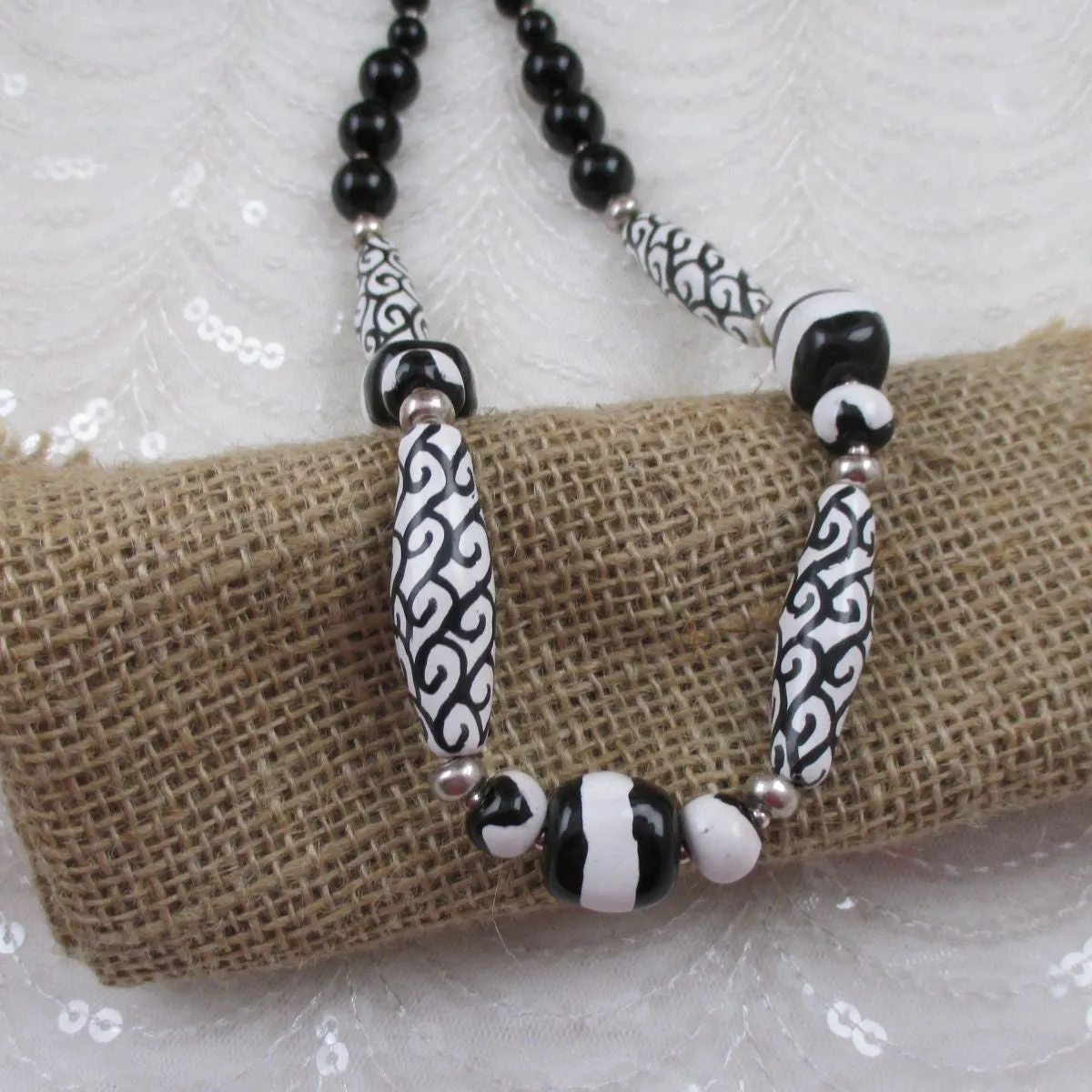 Handmade Black and White Kazuri Bead Necklace