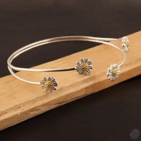 Handmade Sterling Silver Bangle with Four Daisies