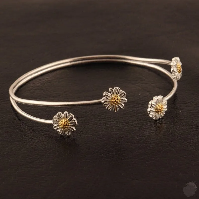 Handmade Sterling Silver Bangle with Four Daisies