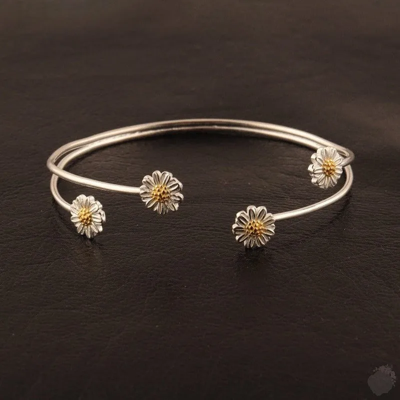 Handmade Sterling Silver Bangle with Four Daisies