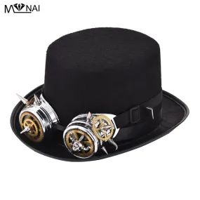 Handmade Unique Steampunk Top Hat Vintage Fedoras Hat Lolita Cosplay Rivet Goggles Spike Hat BLACK Gothic