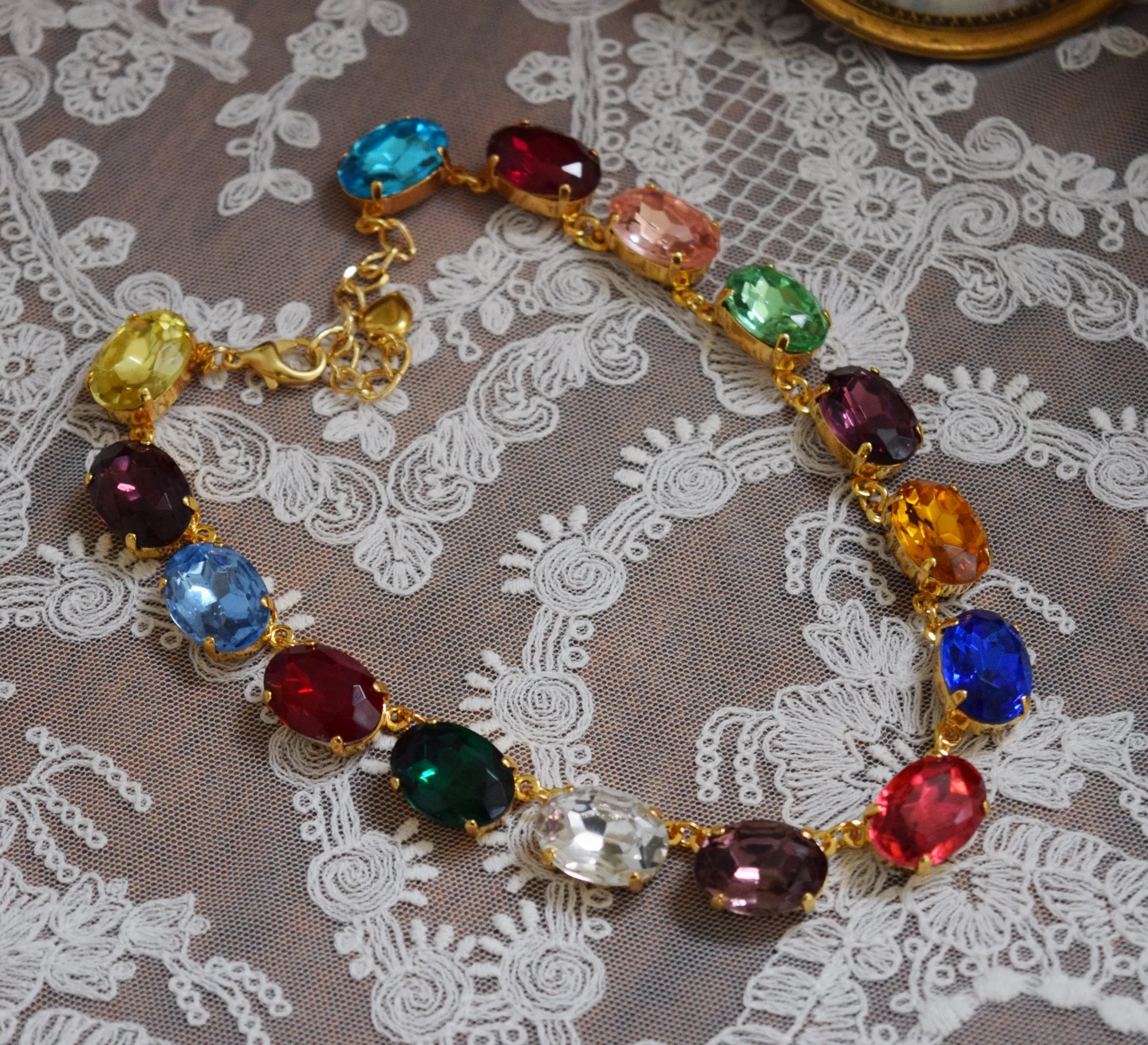 Harlequin Collet Necklace, Large Oval Rainbow Riviere Necklace