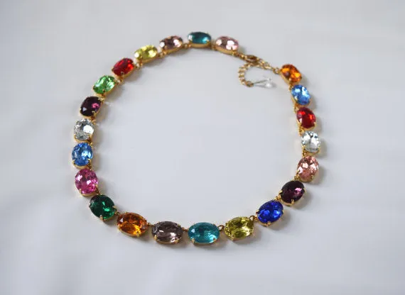 Harlequin Collet Necklace, Large Oval Rainbow Riviere Necklace