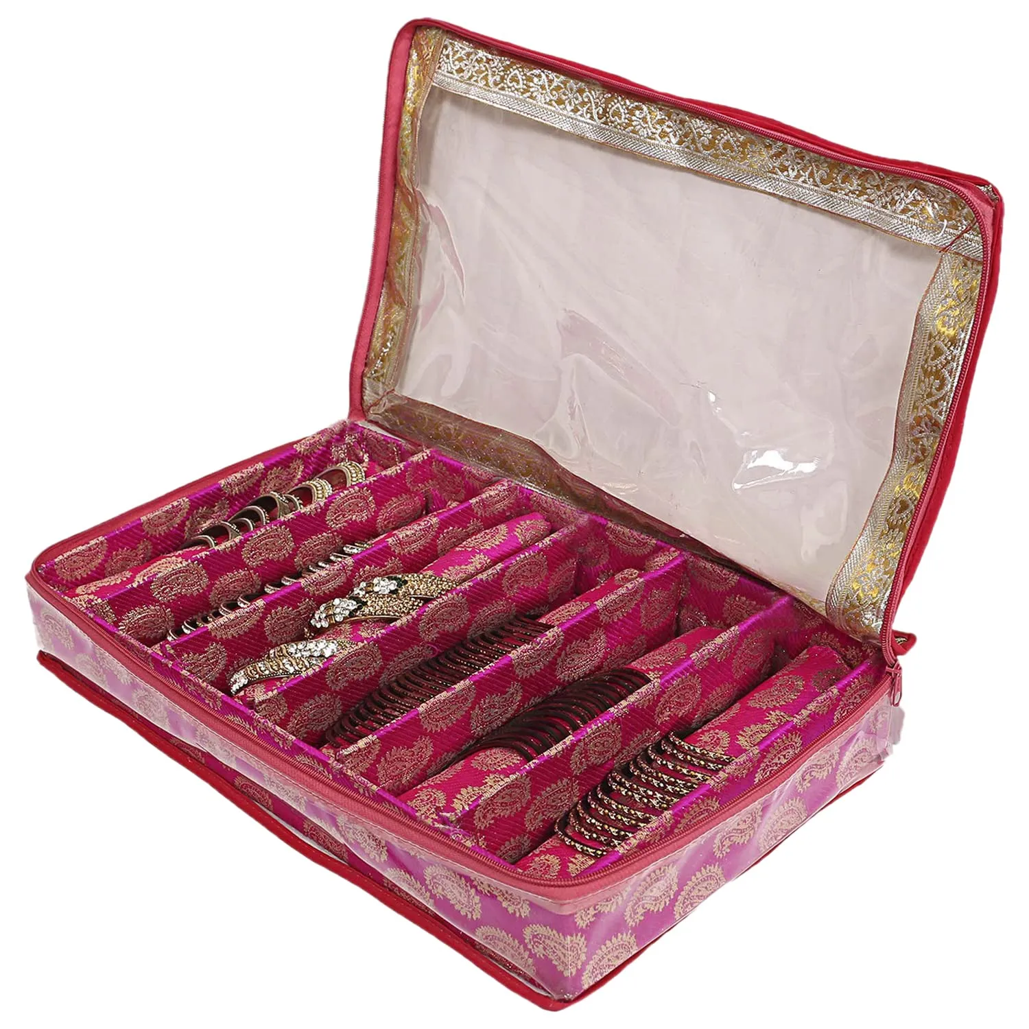 Heart Home Multipurpose Carry Design Laminated 6 Rod Bangle Box/Organizer/Case With Tranasparent Top (Pink)-47HH0117