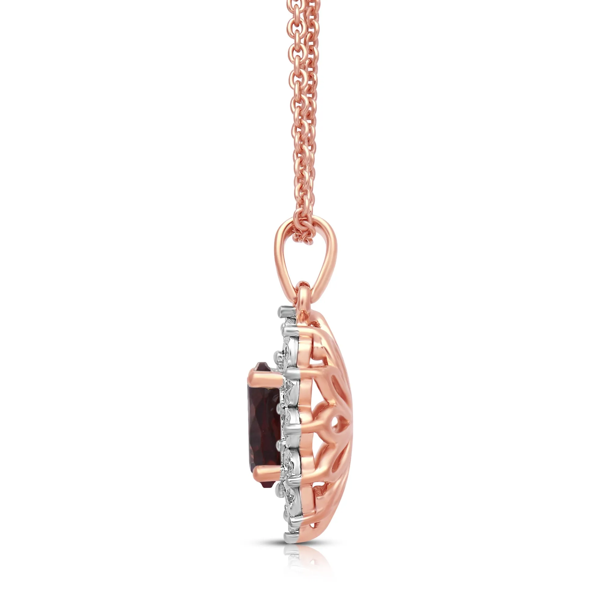 Jewelili 14K Rose Gold over Sterling Silver 7x5 MM Oval Genuine Garnet and 1/20 Cttw Natural White Round Diamond Pendant Necklace