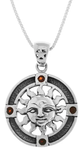 Jewelry Trends Sterling Silver Sun Medallion Pendant with Garnet on 18 Inch Box Chain Necklace