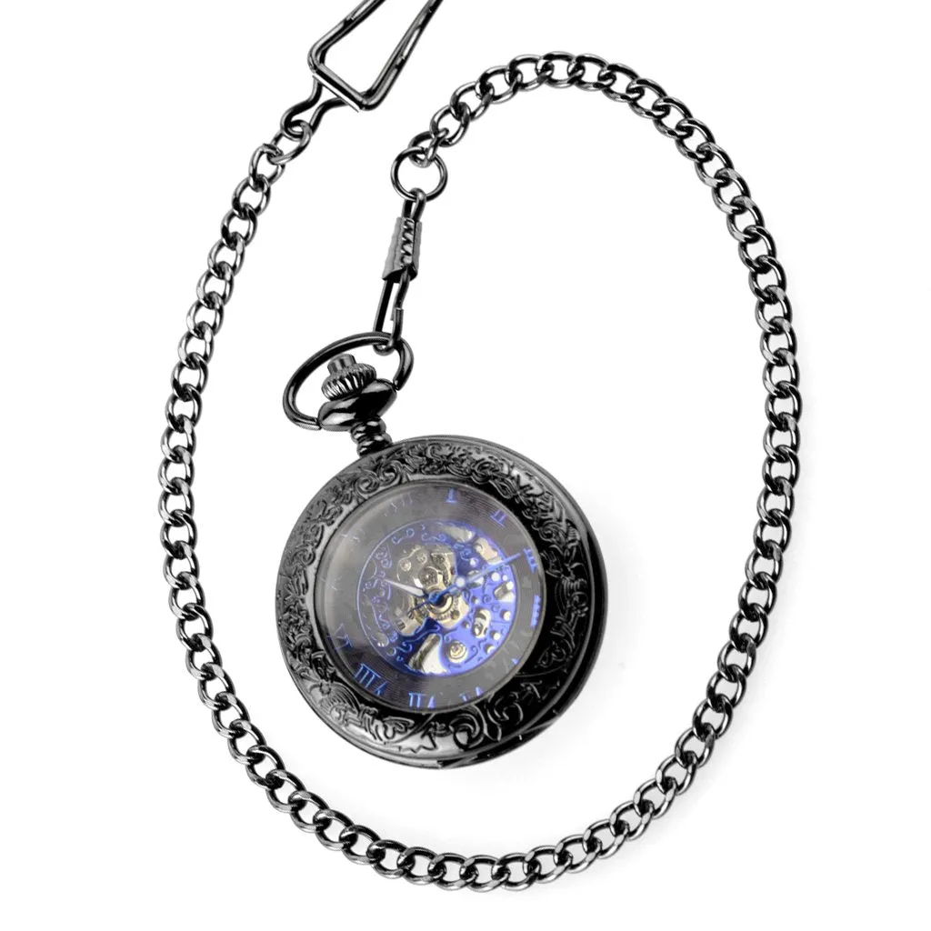 JUMEZO FASHION Retro Steampunk Mechanical Pocket Watch Hand-Wind Engraved Metal Blue Black