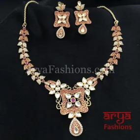 Kundan CZ Necklace with Geru Meenakari