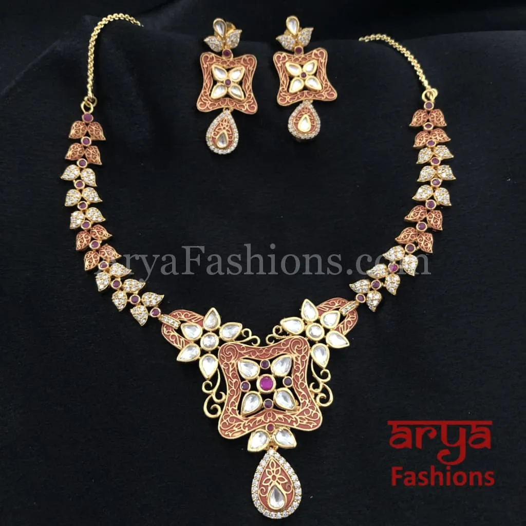 Kundan CZ Necklace with Geru Meenakari