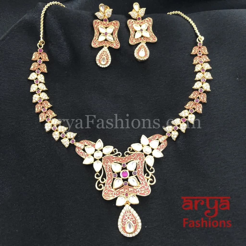 Kundan CZ Necklace with Geru Meenakari