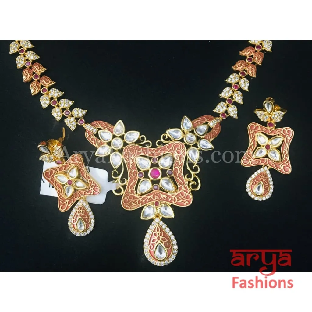 Kundan CZ Necklace with Geru Meenakari